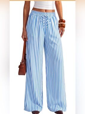 Striped Wide-Leg Drawstring Pants - Blue & White